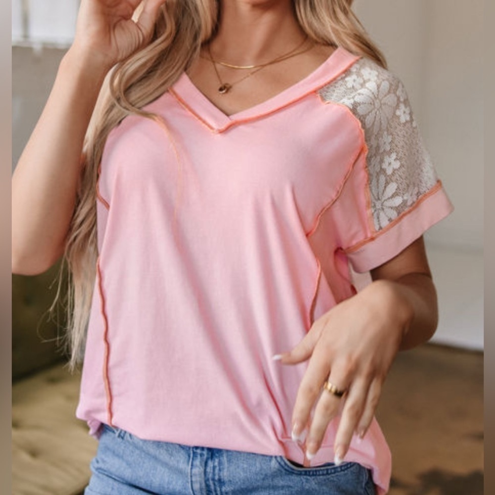Pink Lace Accent Women's Top